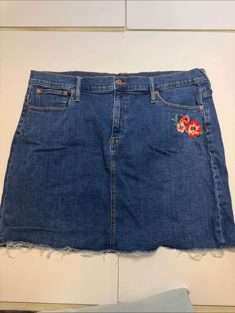 J. Crew Dark Blue Denim Mini Skirt with Red Floral Patch